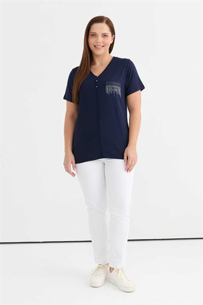 V Yaka Taşlı Cep Görünümlü Penye Bluz  /  LACİVERT