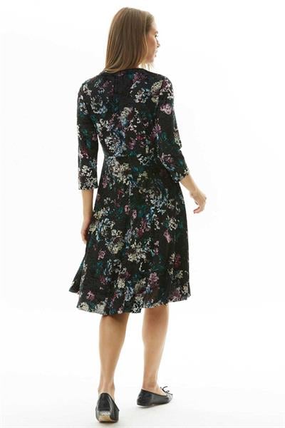 V Yaka Truvakar Kol Desenli Kadife Elbise  /  SİYAH