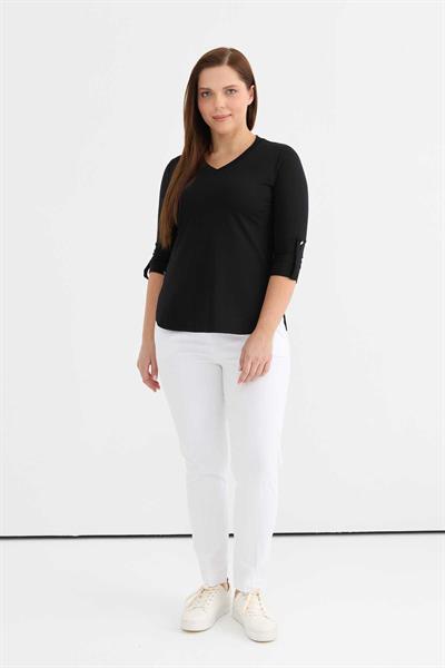V Yaka Yanları Düğmeli Kolu Apoletli Penye Bluz  /  SİYAH