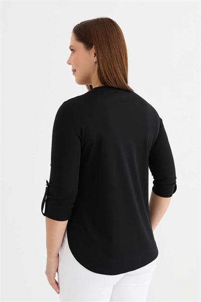 V Yaka Yanları Düğmeli Kolu Apoletli Penye Bluz  /  SİYAH