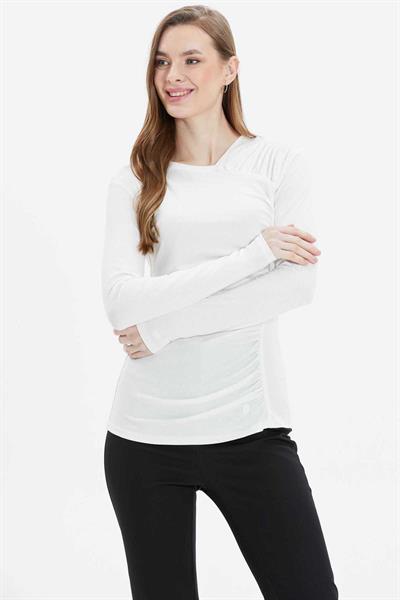 Yakası Asimetrik Yanı Drapeli Penye Bluz  /  EKRU