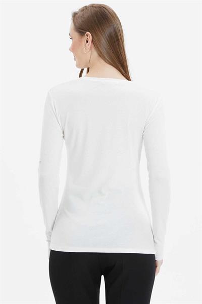 Yakası Asimetrik Yanı Drapeli Penye Bluz  /  EKRU