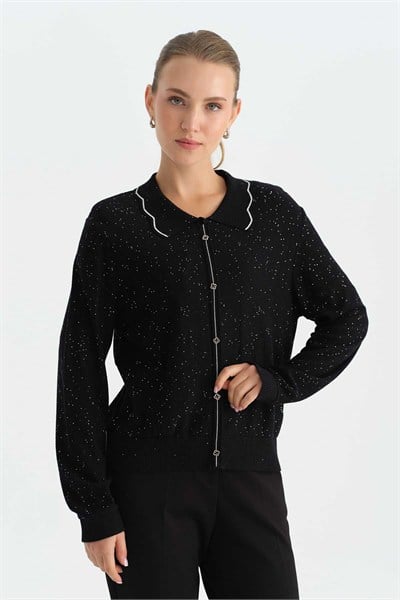 Yakası Bağlamalı Hırka Görünümlü Pullu Triko Bluz  /  SİYAH
