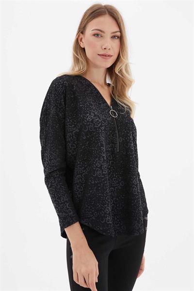 Yakası Fermuarlı Leopar Desen Bluz  /  SİYAH
