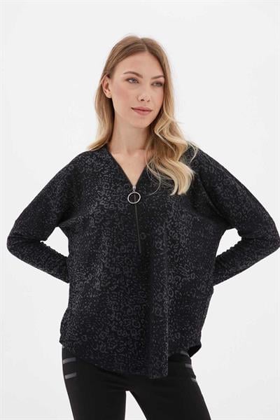 Yakası Fermuarlı Leopar Desen Bluz  /  SİYAH