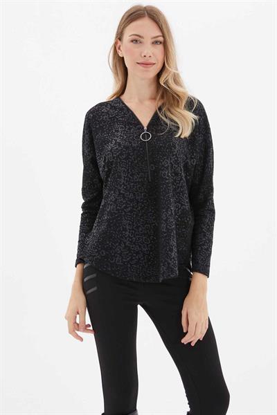 Yakası Fermuarlı Leopar Desen Bluz  /  SİYAH