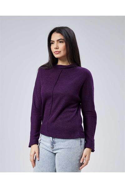 Yakası Katlamalı Kolu Fermuarlı Triko Bluz  /  MOR