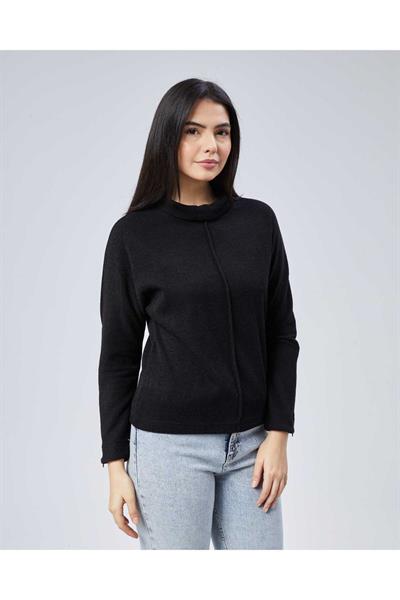 Yakası Katlamalı Kolu Fermuarlı Triko Bluz  /  SİYAH