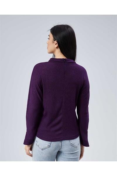 Yakası Katlamalı Kolu Fermuarlı Triko Bluz  /  MOR