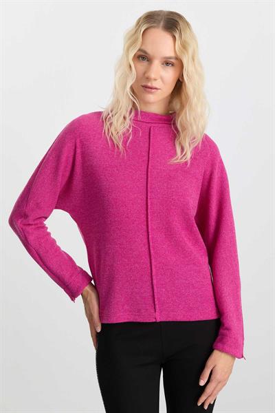 Yakası Katlamalı Kolu Fermuarlı Triko Bluz  /  PEMBE