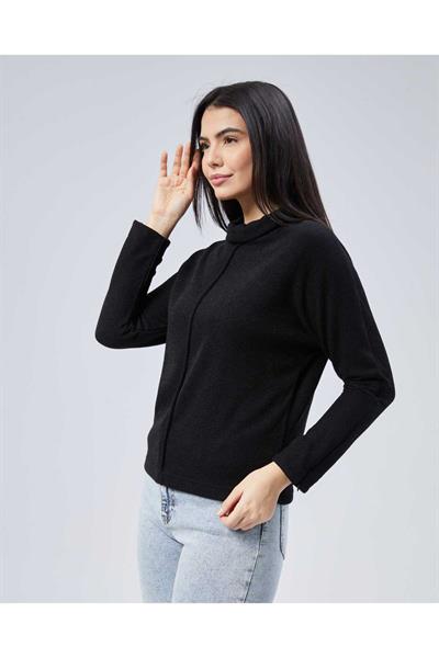 Yakası Katlamalı Kolu Fermuarlı Triko Bluz  /  SİYAH