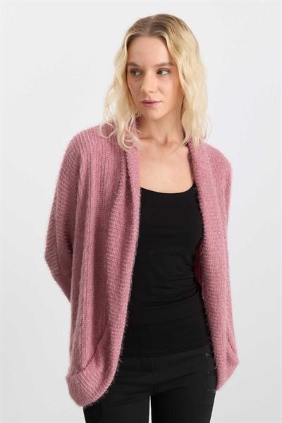 Yakası Katlamalı Yanları Dökümlü Örme Hırka  /  PEMBE