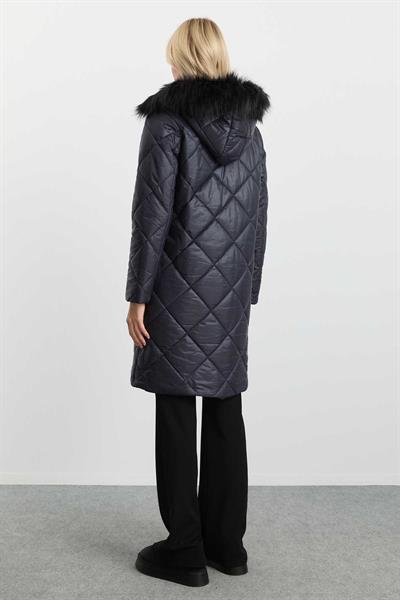 Yakası Kürklü Grogrenli Parlak Uzun Mont  /  LACİVERT