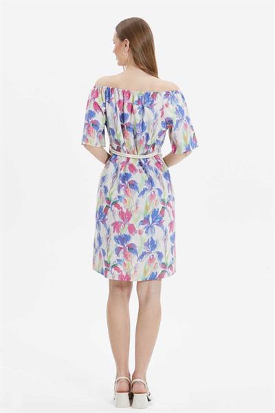 Yakası Lastikli Beli Kemerli Çiçek Desen Elbise  /  MAVİ