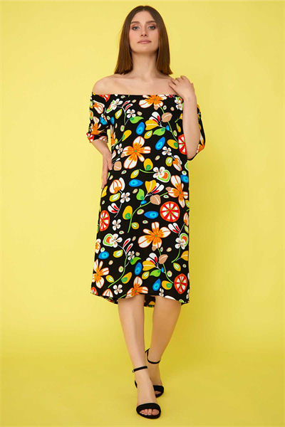 Yakası Lastikli Emprime Elbise  /  SİYAH