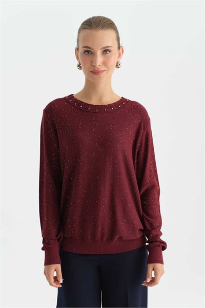 Yakası Troklu Pullu Triko Bluz  /  BORDO