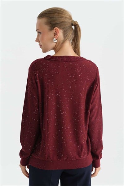 Yakası Troklu Pullu Triko Bluz  /  BORDO