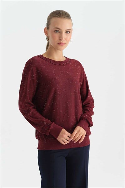 Yakası Troklu Pullu Triko Bluz  /  BORDO