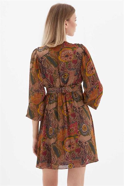 Yandan Bağlamalı Kruvaze Yaka Çiçek Desen Elbise  /  VİZON