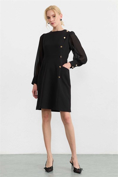 Yandan Düğmeli Şifon Kol Elbise  /  SİYAH