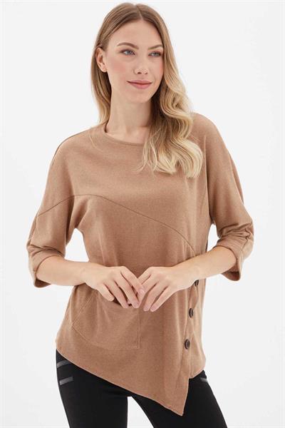 Yanı Düğmeli Cepli Triko Bluz  /  BEJ