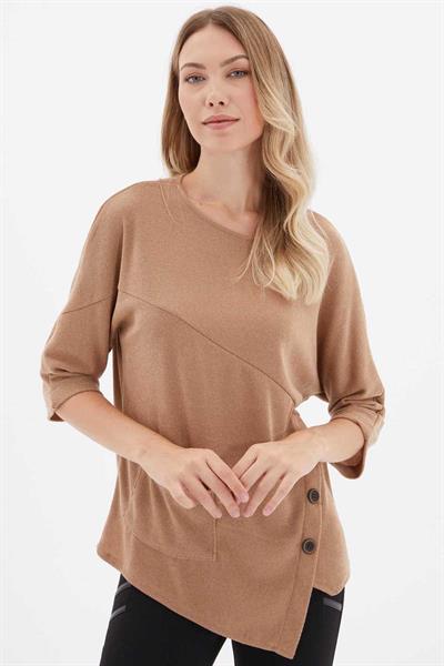Yanı Düğmeli Cepli Triko Bluz  /  BEJ