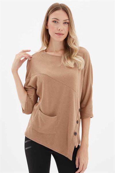 Yanı Düğmeli Cepli Triko Bluz  /  BEJ