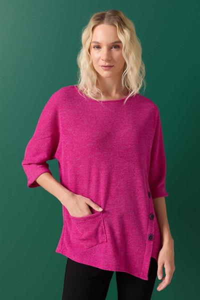 Yanı Düğmeli Cepli Triko Bluz  /  PEMBE