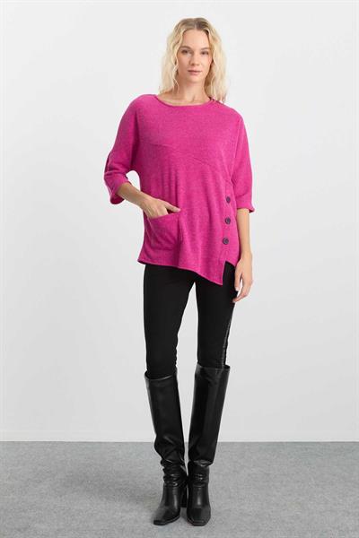 Yanı Düğmeli Cepli Triko Bluz  /  PEMBE