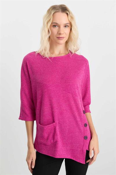 Yanı Düğmeli Cepli Triko Bluz  /  PEMBE