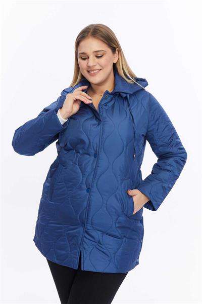 Yanları Çıtçıtlı Kapüşonlu Soğan Kapitone Mont  /  İNDİGO