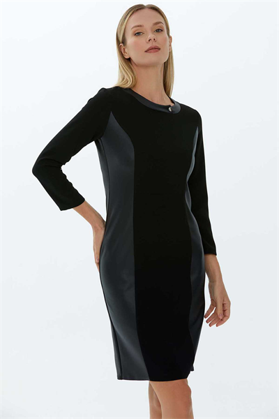 Yanları Deri Kombinli Yakası Düğmeli Elbise  /  SİYAH