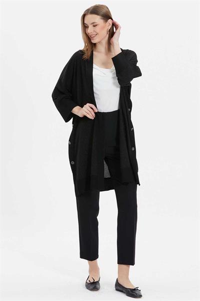 Yanları Düğmeli Simli Uzun Hırka  /  SİYAH