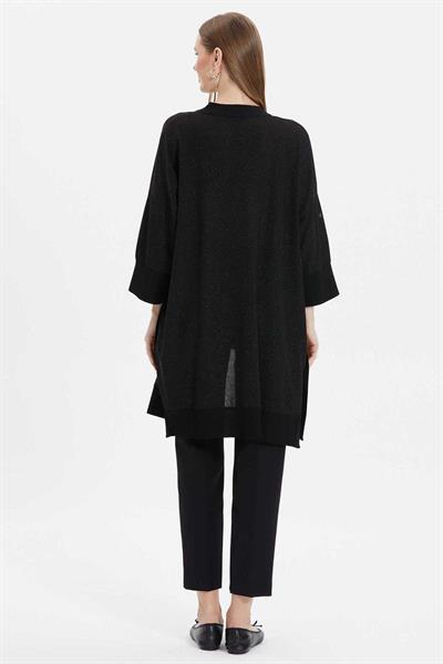 Yanları Düğmeli Simli Uzun Hırka  /  SİYAH