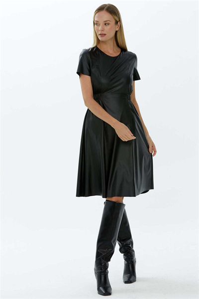 Yanları Lastikli Deri Elbise  /  SİYAH