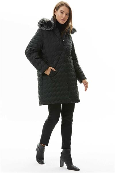 Zigzag Desenli Kapüşonlu Uzun Kapitone Mont  /  SİYAH