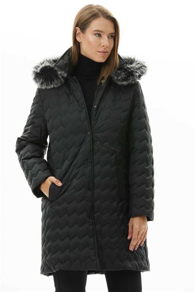 Zigzag Desenli Kapüşonlu Uzun Kapitone Mont  /  SİYAH