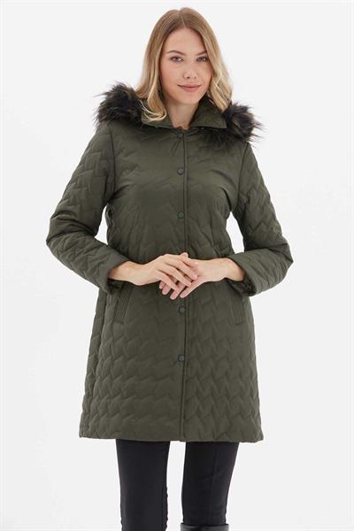 Zigzag Desenli Kapüşonlu Uzun Kapitone Mont  /  YEŞİL