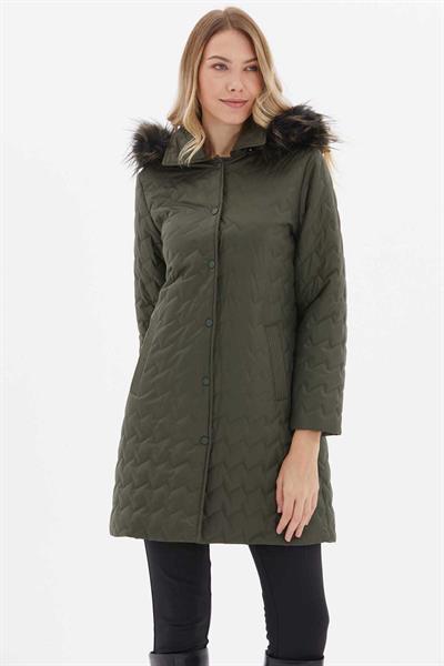 Zigzag Desenli Kapüşonlu Uzun Kapitone Mont  /  YEŞİL