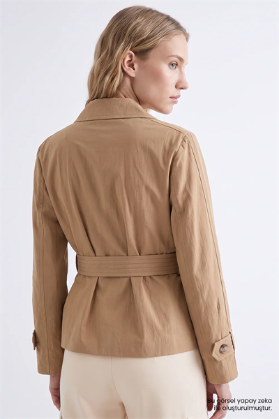 Exquise kemerli camel elbise