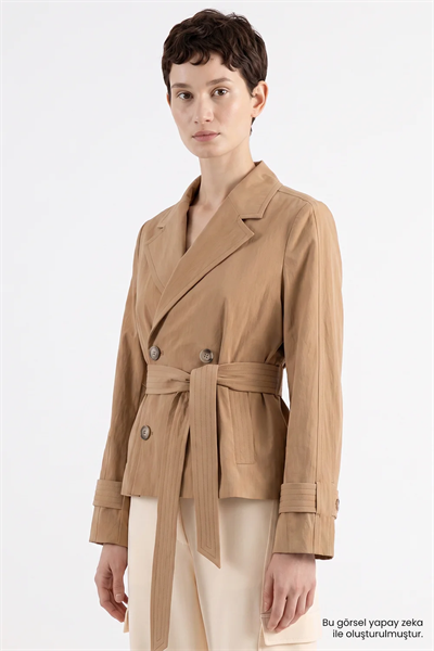 Exquise kemerli camel elbise