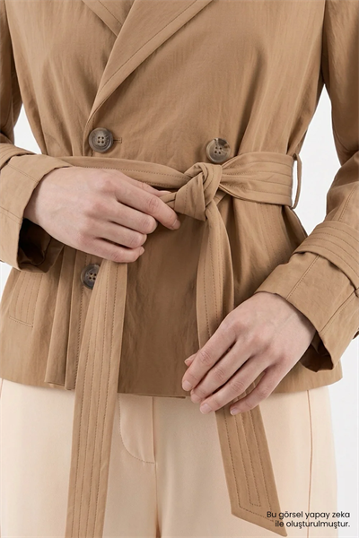 Exquise kemerli camel elbise