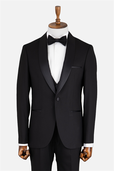 Erkek Yelekli Saten Şal Yaka Smokin Damatlık Slim Fit Siyah