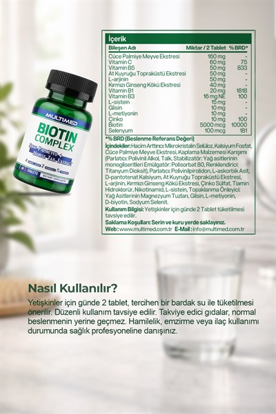 Multimed Biotin Kompleksi – Saç Dökülmesine Karşı Destek + Güçlü Keratin Etkisi – 60 Tablet