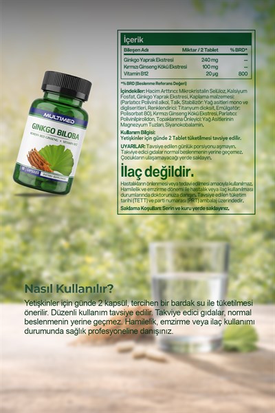 Multimed Ginkgo Biloba + Kırmızı Ginseng + B12 – Hafıza & Odak Artırıcı Premium Formül – 120 Tablet