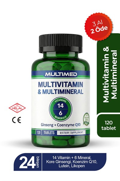 Multimed Multivitamin – 12 Vitamin + 6 Mineral + Ginseng + Q10 + Lutein + Kolin – 120 Tablet