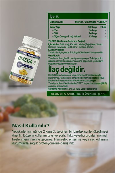 Multimed Omega 3 Balık Yağı 1000 mg – Trigliserid Formu Yüksek Emilim – 200 Softgel (Şeffaf Şişe)