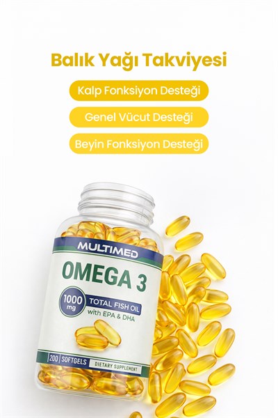 Multimed Omega 3 Balık Yağı 1000 mg – Trigliserid Formu Yüksek Emilim – 200 Softgel (Şeffaf Şişe)