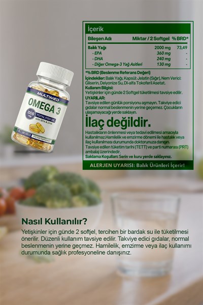 Multimed Omega 3 Balık Yağı 1000 mg – Günlük Direnç Destek – 50 Softgel (Şeffaf Şişe)