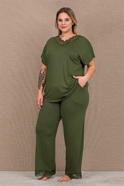 Dantelli Haki Yeşil Büyük Beden Pijama Takımı